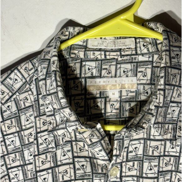 Perry Ellis M Linen Cotton Shirt Abstract Golf Print Short Sleeve Button Front - Picture 3 of 5